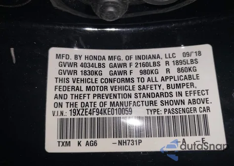 2019 Honda Insight Touring from USA, damaged, VIN 19XZE4F94KE010059